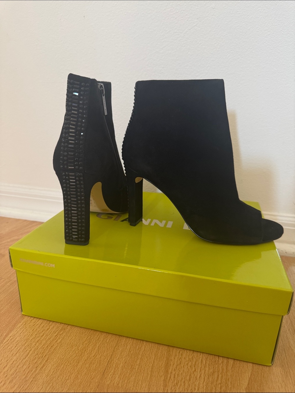 Gianni Bini Black Suede Peep-Toe Ankle Boots with Embellished Heel